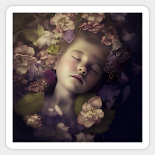 A Young Child Asleep in A Bed of Flowers Sticker